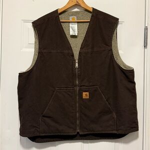 Carhartt Zip Up Vest Brown Canvas Sherpa Lined Workwear V26 DKB 2XL